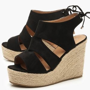 Black suede espadrilles platform wedges